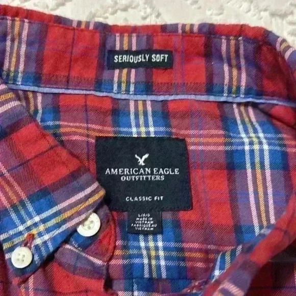 American Eagle classic fit seriously soft plaid red blue men’s button-down shirt - Picture 3 of 9